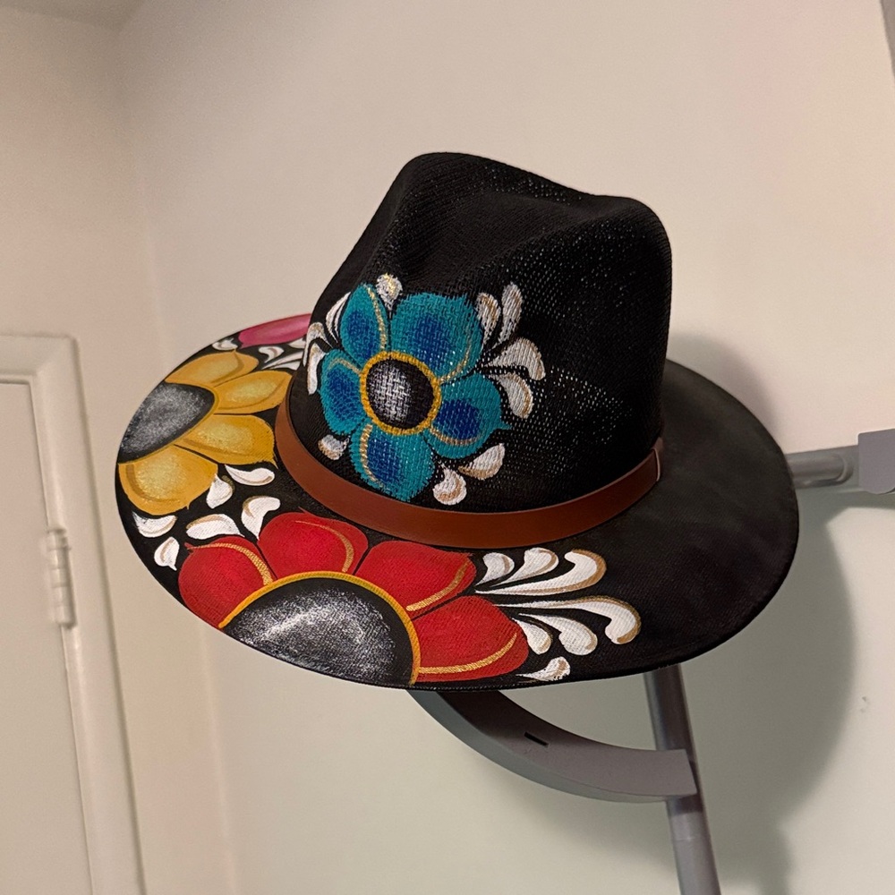 Floral Hand Painted Black Fedora Hat